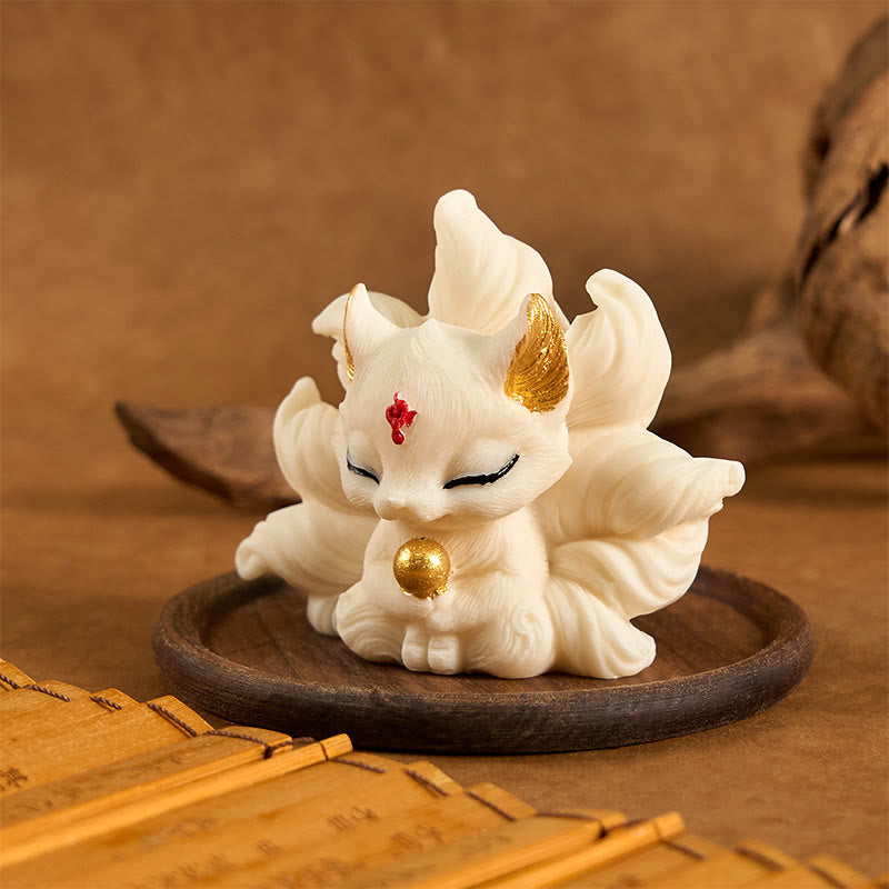 Nimara Ritual Small Nine Tailed Fox Carved Ivory Fruit Support Home Decoration
