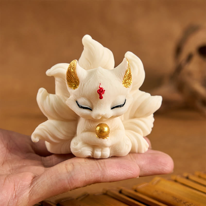 Nimara Ritual Small Nine Tailed Fox Carved Ivory Fruit Support Home Decoration