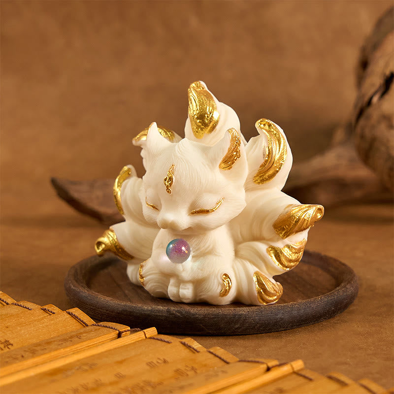 Nimara Ritual Small Nine Tailed Fox Carved Ivory Fruit Support Home Decoration