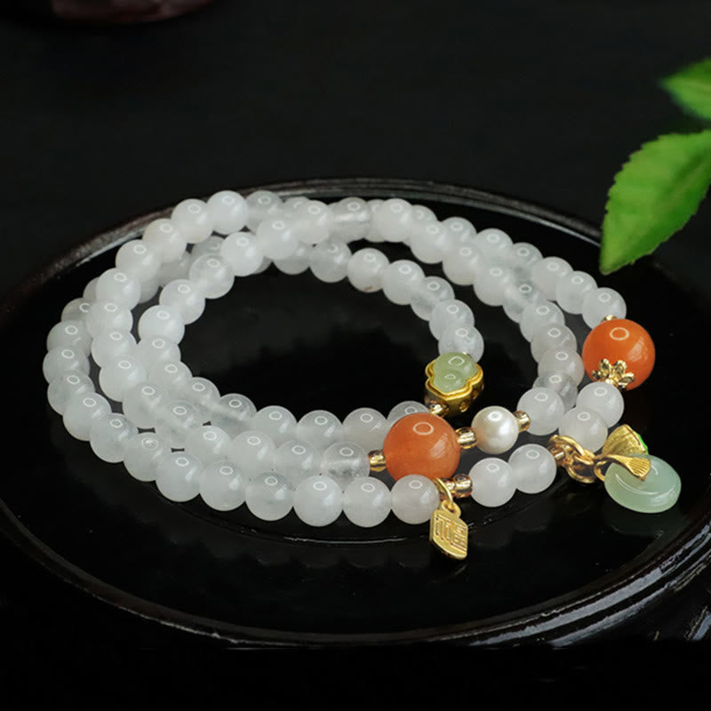 Nimara Ritual Natural White Jade Multi-layer Gourd Peace Buckle Fu Character Luck Bracelet