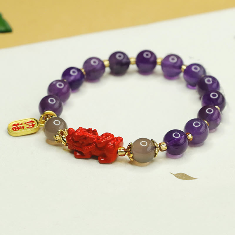 Nimara Ritual Natural Amethyst Cinnabar Pi Xiu Fu Character Balance Bracelet