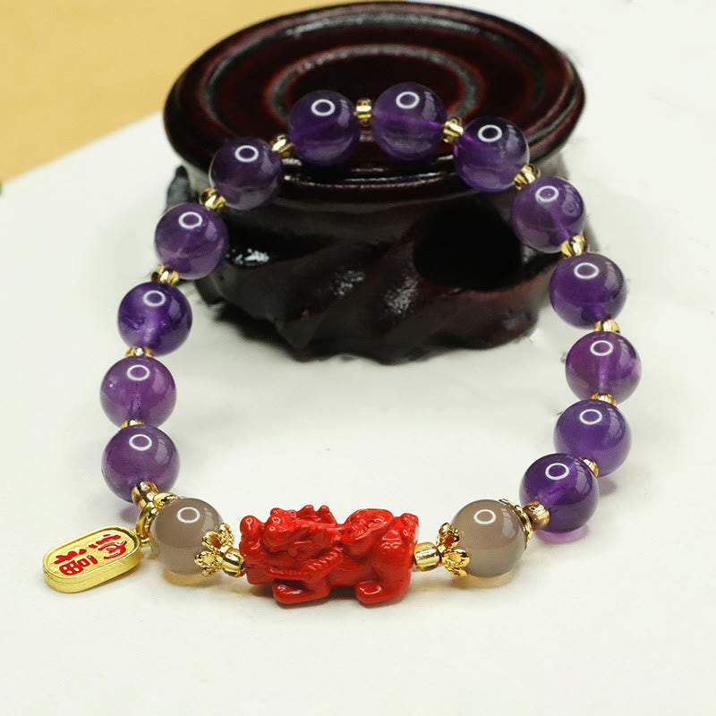 Nimara Ritual Natural Amethyst Cinnabar Pi Xiu Fu Character Balance Bracelet