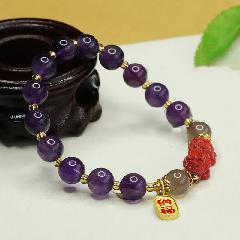 Nimara Ritual Natural Amethyst Cinnabar Pi Xiu Fu Character Balance Bracelet