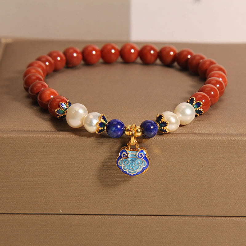 Nimara Ritual Natural South Red Agate Pearl Peace Lock Charm Positive Bracelet