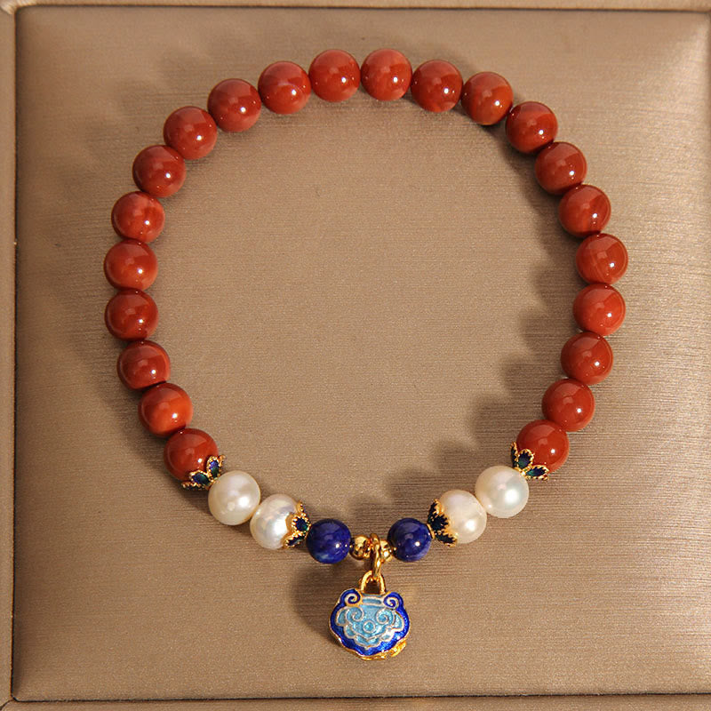 Nimara Ritual Natural South Red Agate Pearl Peace Lock Charm Positive Bracelet