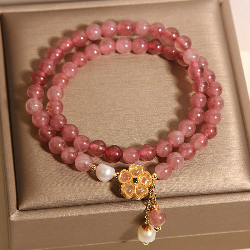 Nimara Ritual Strawberry Quartz Four Leaf Clover Double Wrap Design Positive Bracelet