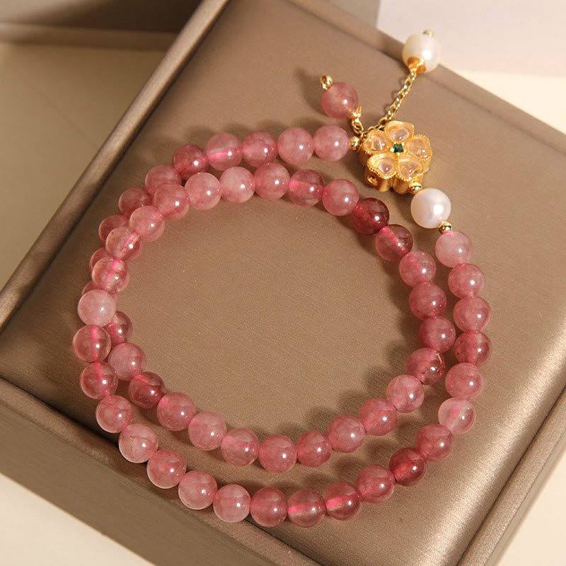 Nimara Ritual Strawberry Quartz Four Leaf Clover Double Wrap Design Positive Bracelet