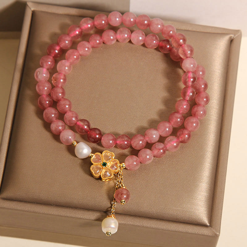 Nimara Ritual Strawberry Quartz Four Leaf Clover Double Wrap Design Positive Bracelet