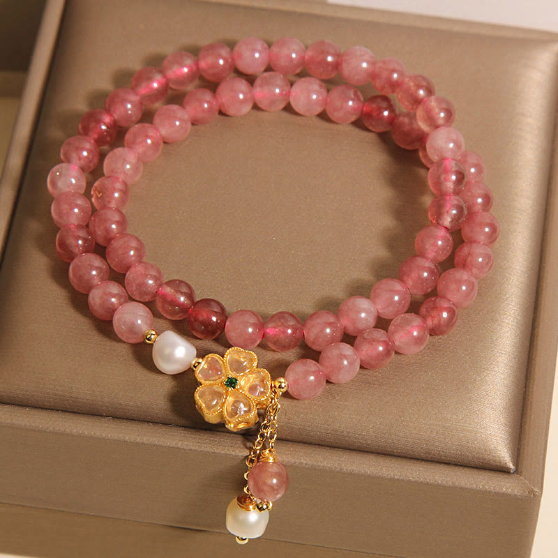 Nimara Ritual Strawberry Quartz Four Leaf Clover Double Wrap Design Positive Bracelet