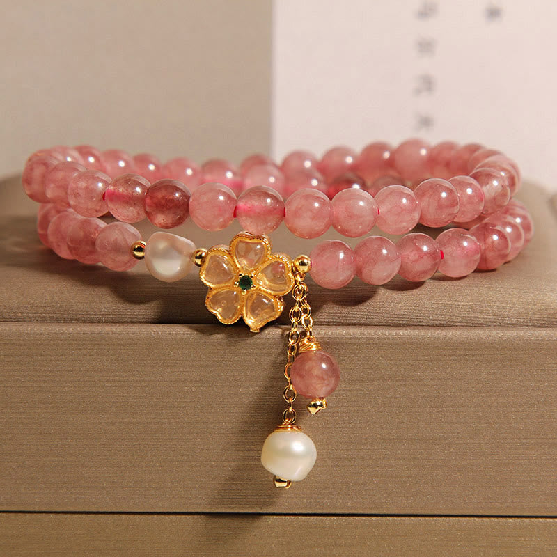Nimara Ritual Strawberry Quartz Four Leaf Clover Double Wrap Design Positive Bracelet
