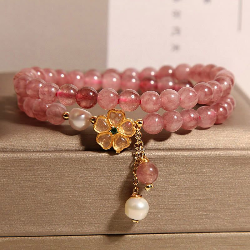 Nimara Ritual Strawberry Quartz Four Leaf Clover Double Wrap Design Positive Bracelet