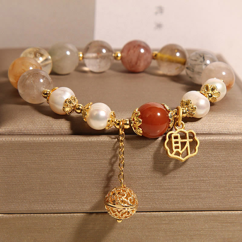 Nimara Ritual Natural Rutilated Quartz Pearl Attract Fortune Wealth Bracelet