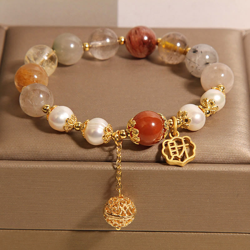 Nimara Ritual Natural Rutilated Quartz Pearl Attract Fortune Wealth Bracelet
