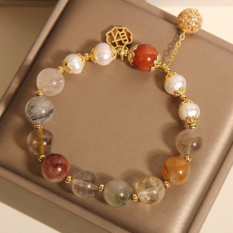 Nimara Ritual Natural Rutilated Quartz Pearl Attract Fortune Wealth Bracelet