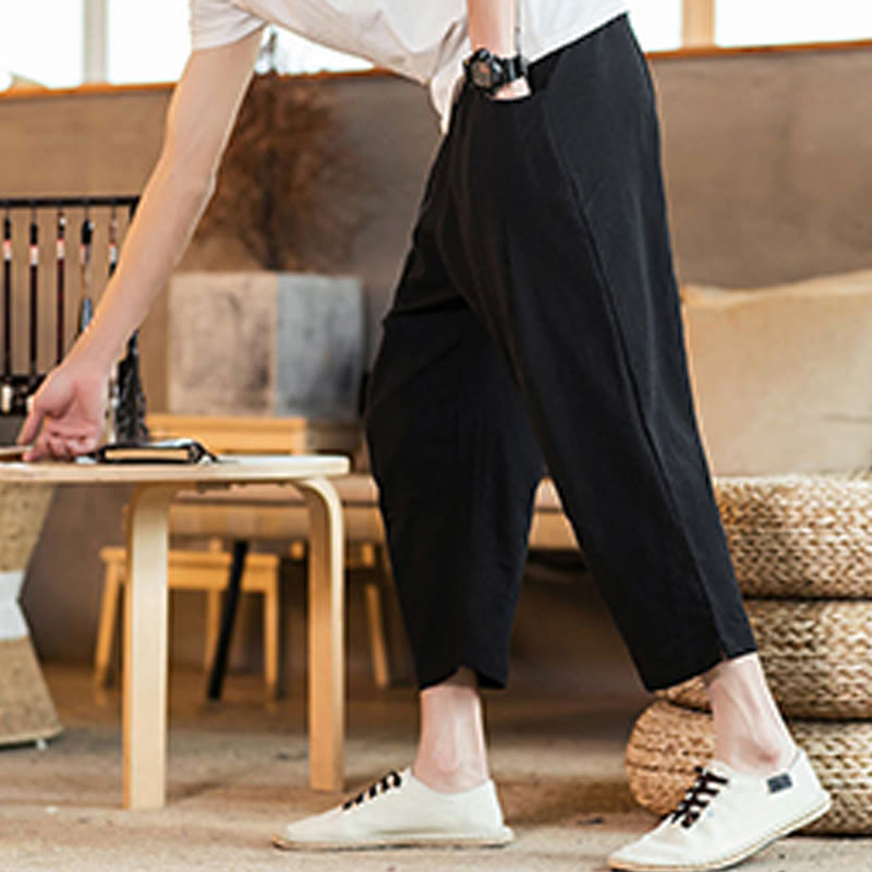 Nimara Ritual Casual Solid Color Drawstring Men's Elastic Waistband Cotton Linen Pants With Pockets