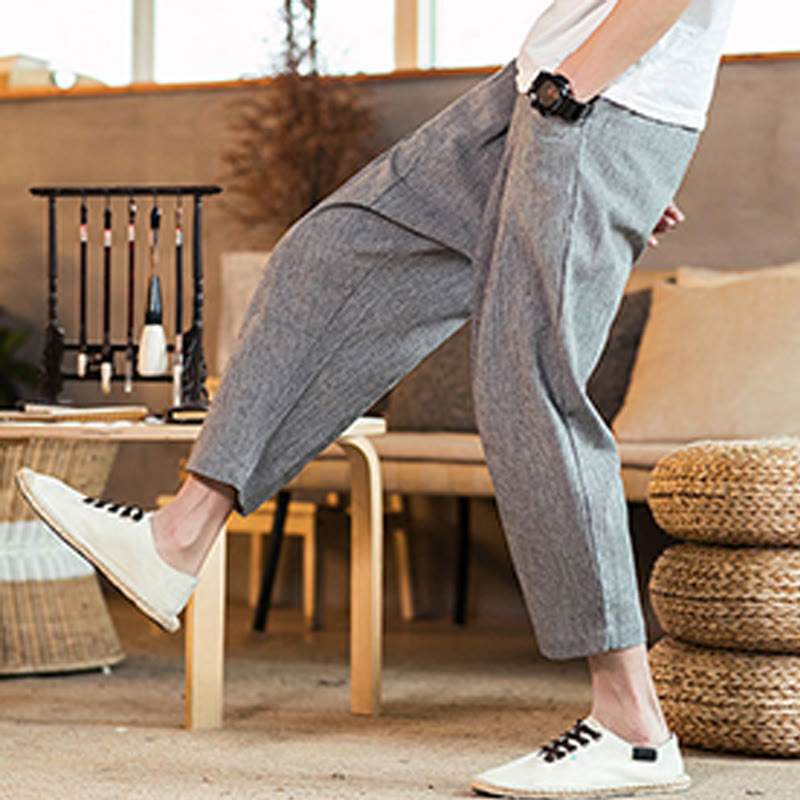 Nimara Ritual Casual Solid Color Drawstring Men's Elastic Waistband Cotton Linen Pants With Pockets