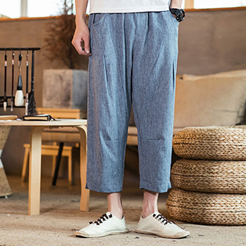 Nimara Ritual Casual Solid Color Drawstring Men's Elastic Waistband Cotton Linen Pants With Pockets