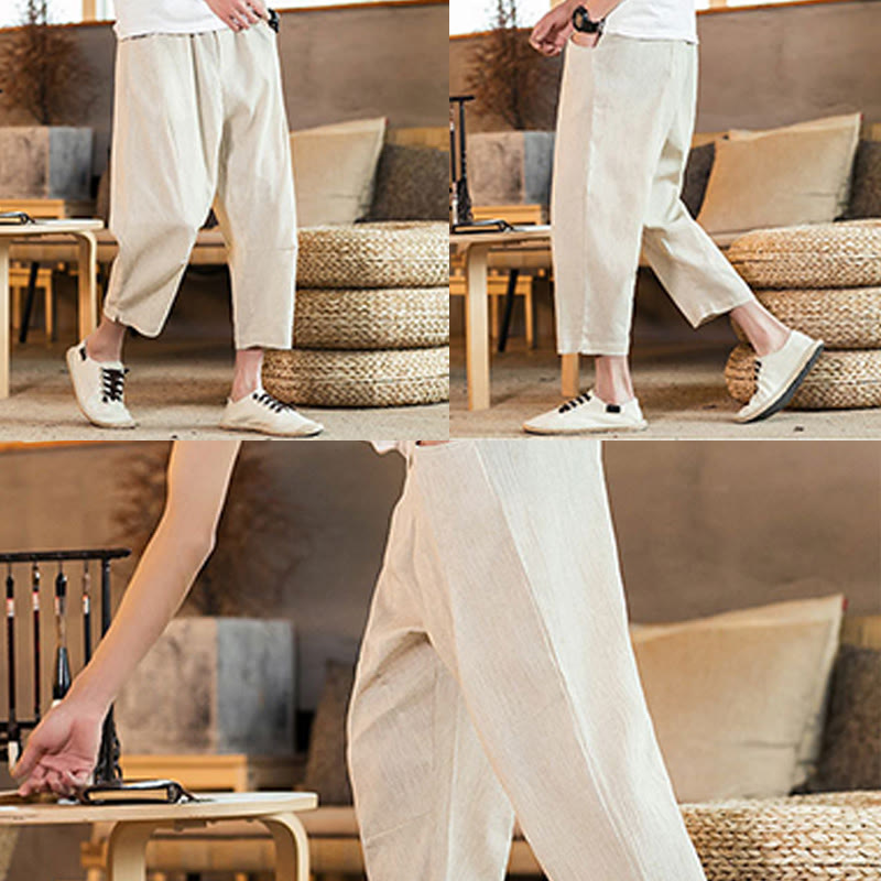 Nimara Ritual Casual Solid Color Drawstring Men's Elastic Waistband Cotton Linen Pants With Pockets