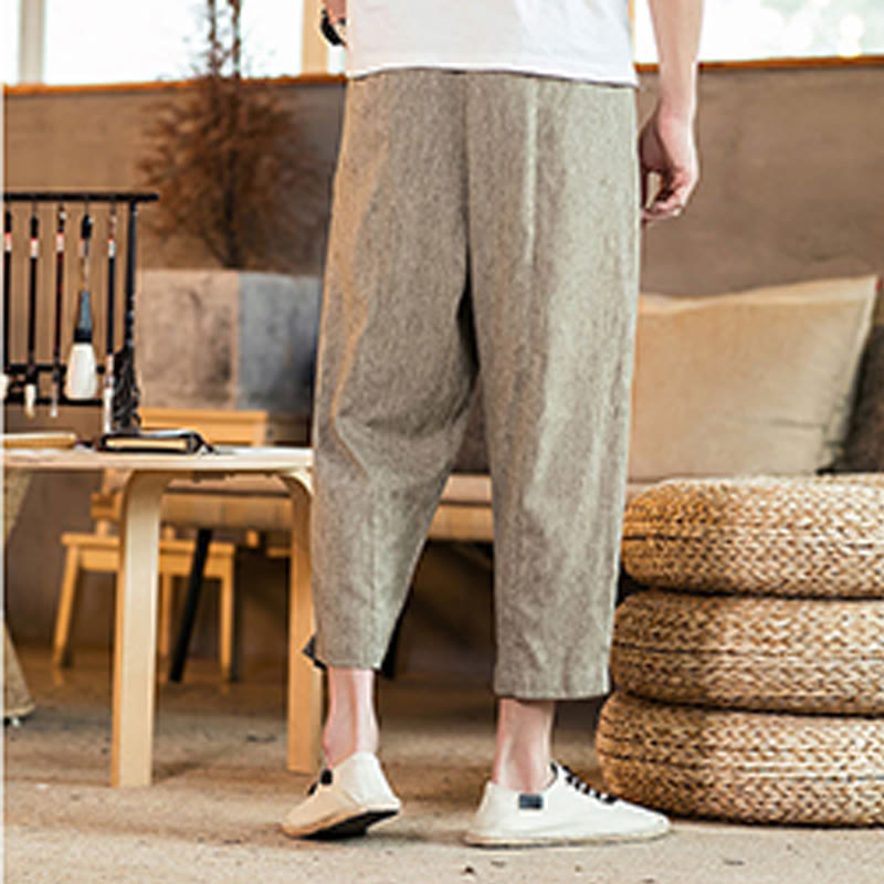 Nimara Ritual Casual Solid Color Drawstring Men's Elastic Waistband Cotton Linen Pants With Pockets