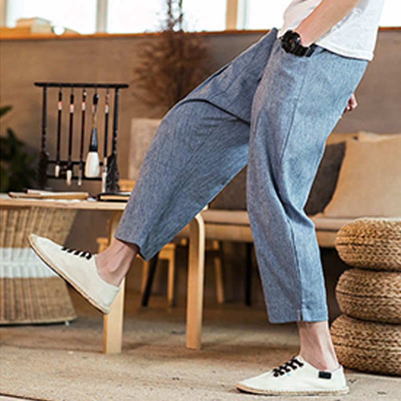 Nimara Ritual Casual Solid Color Drawstring Men's Elastic Waistband Cotton Linen Pants With Pockets