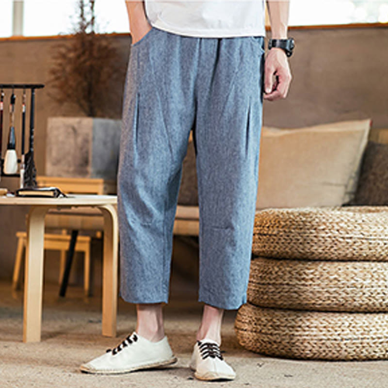 Nimara Ritual Casual Solid Color Drawstring Men's Elastic Waistband Cotton Linen Pants With Pockets