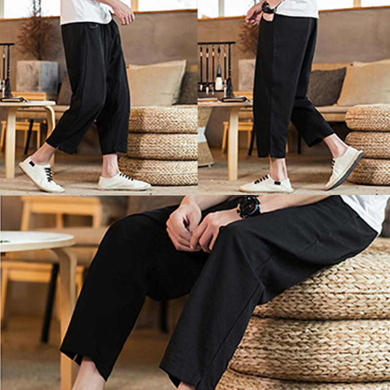 Nimara Ritual Casual Solid Color Drawstring Men's Elastic Waistband Cotton Linen Pants With Pockets