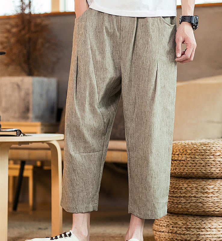 Nimara Ritual Casual Solid Color Drawstring Men's Elastic Waistband Cotton Linen Pants With Pockets