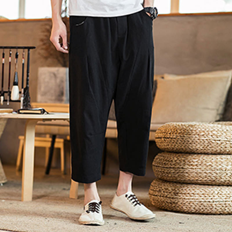 Nimara Ritual Casual Solid Color Drawstring Men's Elastic Waistband Cotton Linen Pants With Pockets