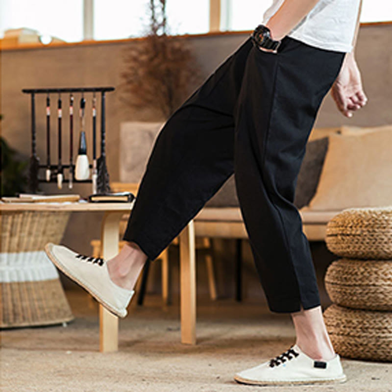 Nimara Ritual Casual Solid Color Drawstring Men's Elastic Waistband Cotton Linen Pants With Pockets