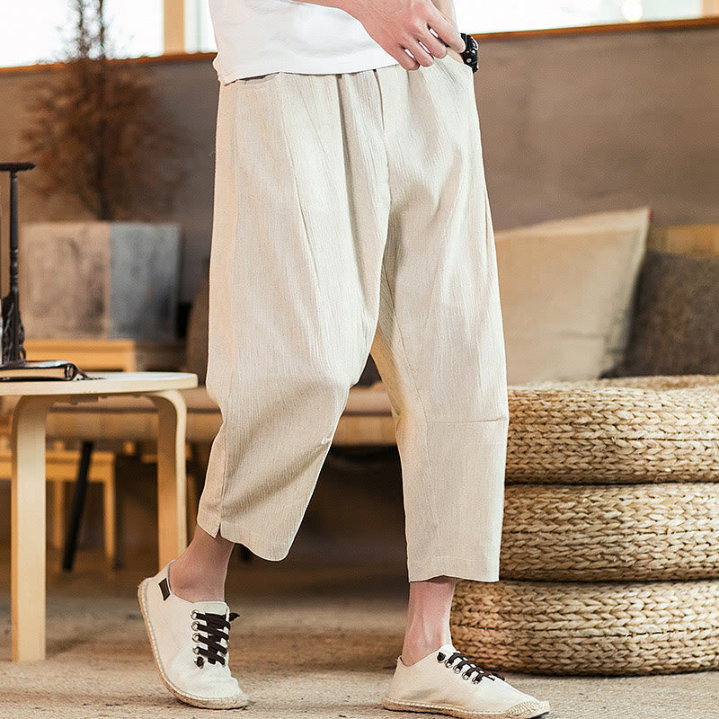 Nimara Ritual Casual Solid Color Drawstring Men's Elastic Waistband Cotton Linen Pants With Pockets