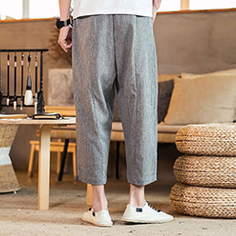 Nimara Ritual Casual Solid Color Drawstring Men's Elastic Waistband Cotton Linen Pants With Pockets