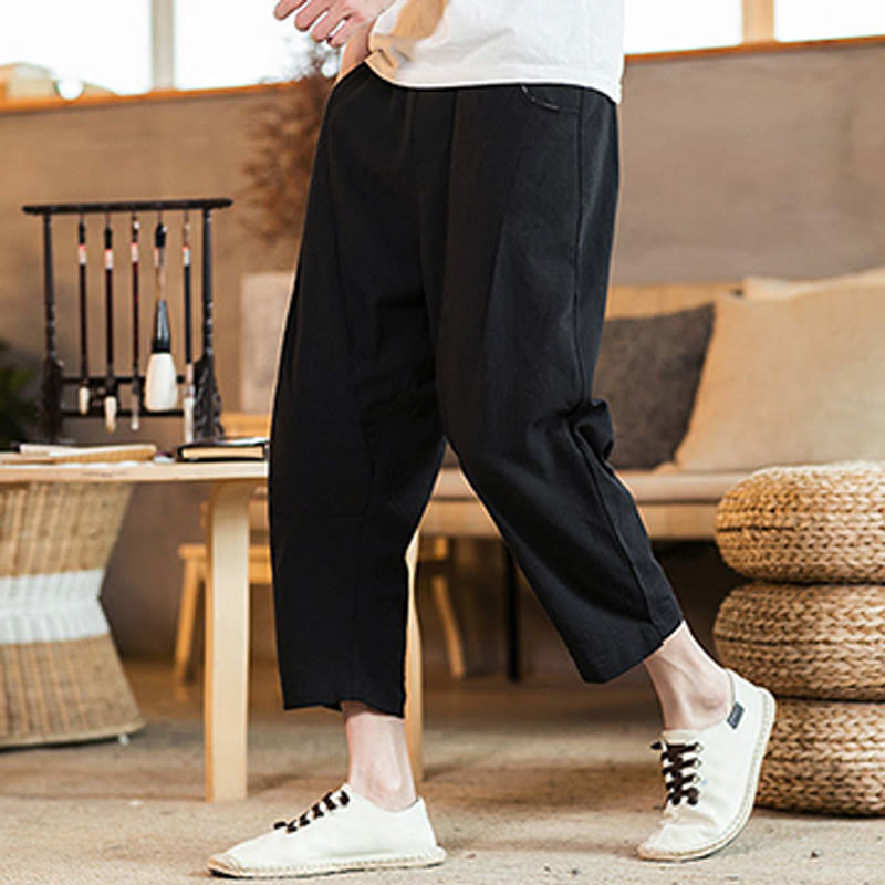 Nimara Ritual Casual Solid Color Drawstring Men's Elastic Waistband Cotton Linen Pants With Pockets