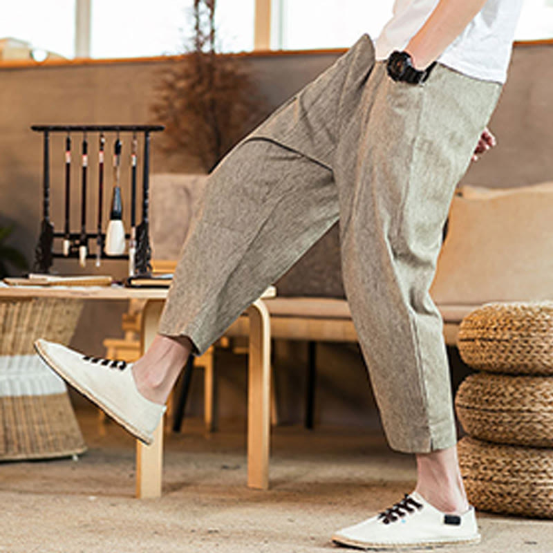 Nimara Ritual Casual Solid Color Drawstring Men's Elastic Waistband Cotton Linen Pants With Pockets