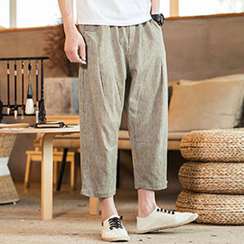 Nimara Ritual Casual Solid Color Drawstring Men's Elastic Waistband Cotton Linen Pants With Pockets