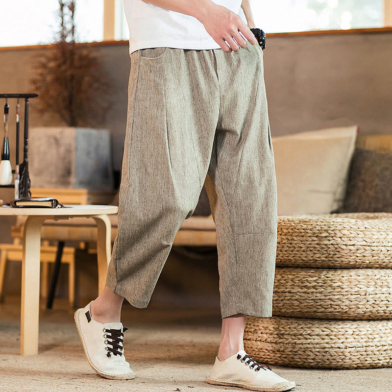 Nimara Ritual Casual Solid Color Drawstring Men's Elastic Waistband Cotton Linen Pants With Pockets