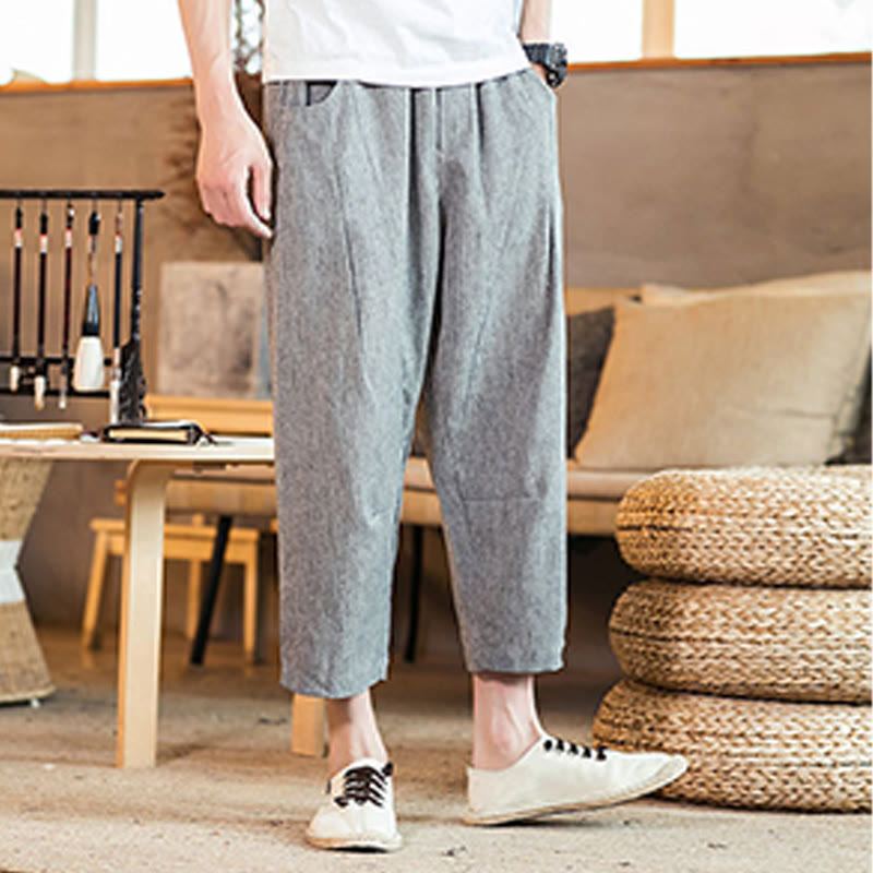 Nimara Ritual Casual Solid Color Drawstring Men's Elastic Waistband Cotton Linen Pants With Pockets