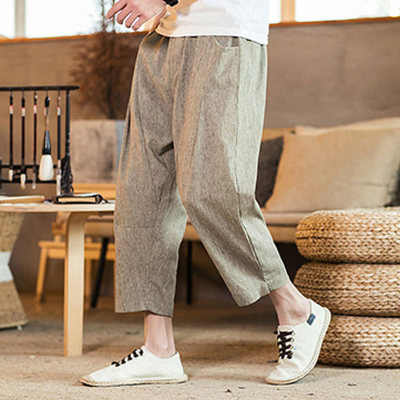 Nimara Ritual Casual Solid Color Drawstring Men's Elastic Waistband Cotton Linen Pants With Pockets