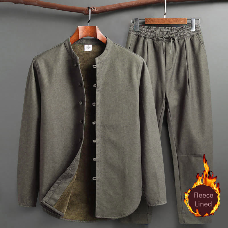 Nimara Ritual Solid Tang Suit Traditional Fleece Lined Uniform Long Sleeve Top Pants Men's Set