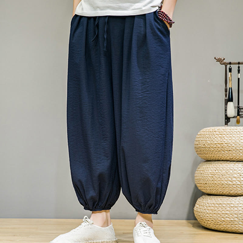 Nimara Ritual Summer Plain Drawstring Men's Ankle-Length Cotton Harem Pants With Pockets