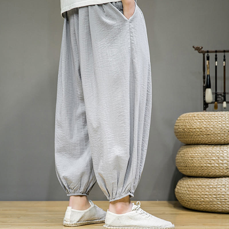 Nimara Ritual Summer Plain Drawstring Men's Ankle-Length Cotton Harem Pants With Pockets