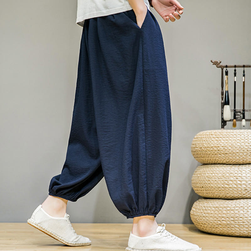 Nimara Ritual Summer Plain Drawstring Men's Ankle-Length Cotton Harem Pants With Pockets