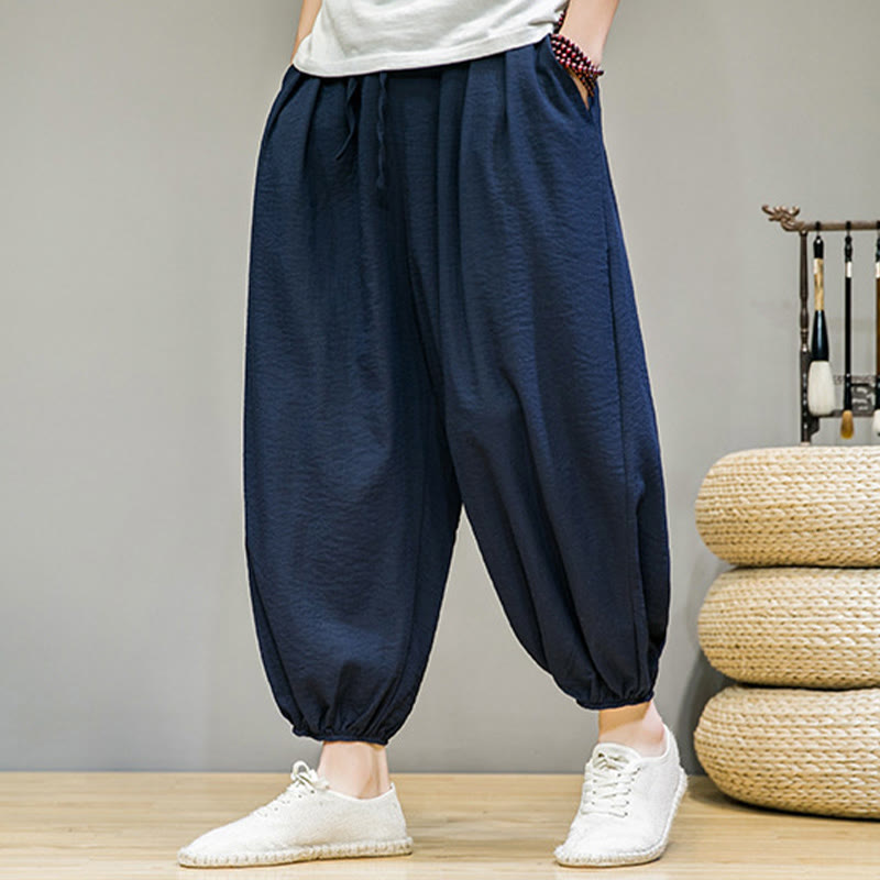 Nimara Ritual Summer Plain Drawstring Men's Ankle-Length Cotton Harem Pants With Pockets