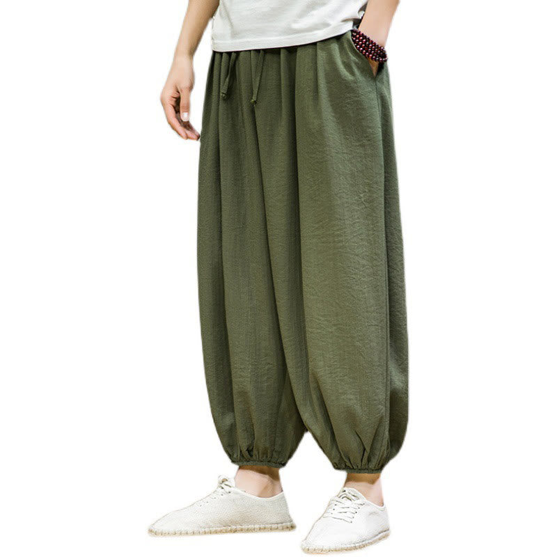 Nimara Ritual Summer Plain Drawstring Men's Ankle-Length Cotton Harem Pants With Pockets