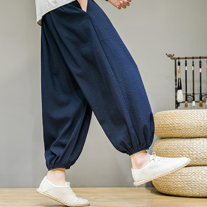 Nimara Ritual Summer Plain Drawstring Men's Ankle-Length Cotton Harem Pants With Pockets