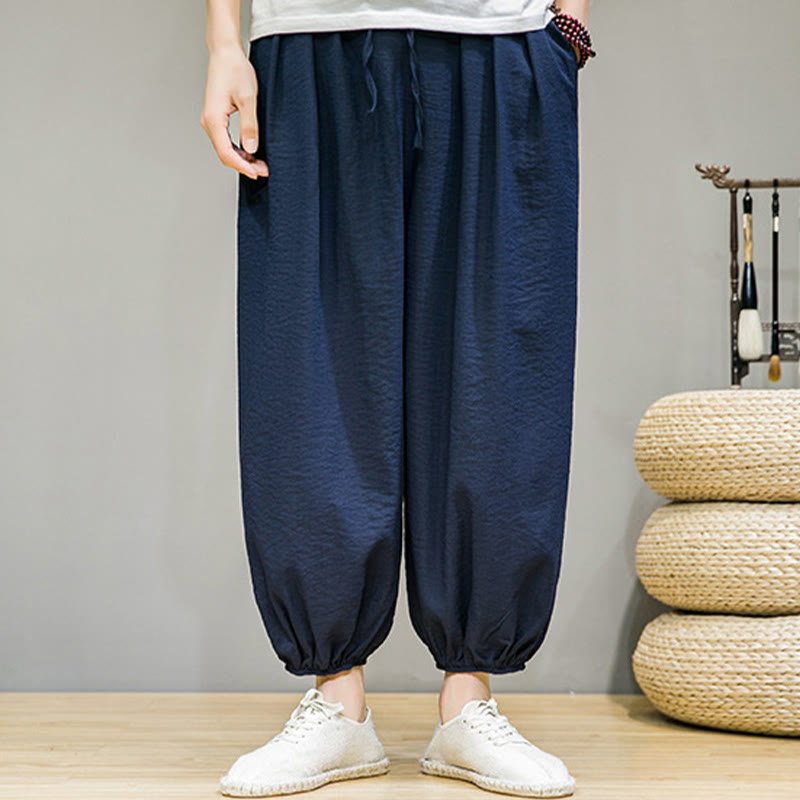 Nimara Ritual Summer Plain Drawstring Men's Ankle-Length Cotton Harem Pants With Pockets
