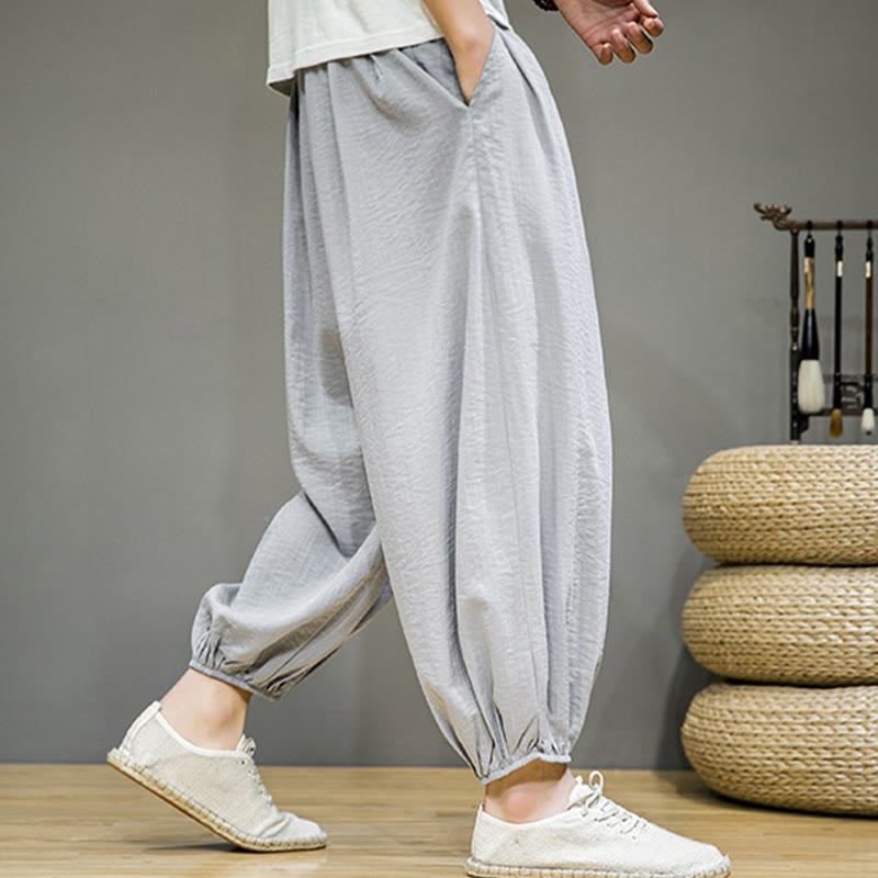 Nimara Ritual Summer Plain Drawstring Men's Ankle-Length Cotton Harem Pants With Pockets