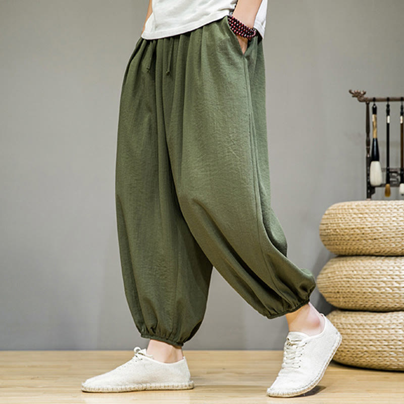 Nimara Ritual Summer Plain Drawstring Men's Ankle-Length Cotton Harem Pants With Pockets