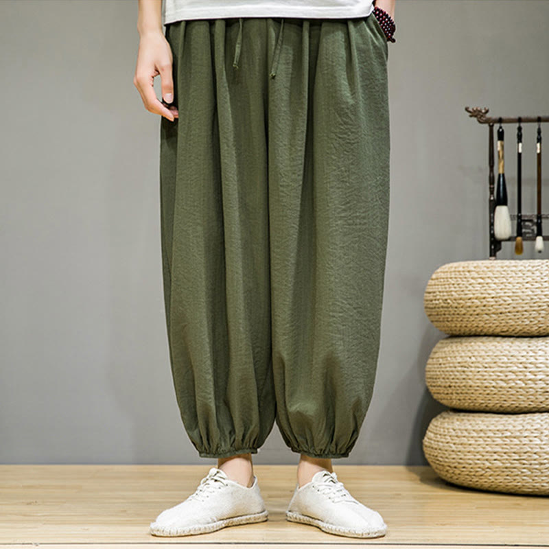 Nimara Ritual Summer Plain Drawstring Men's Ankle-Length Cotton Harem Pants With Pockets