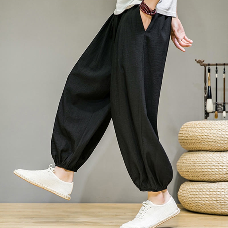 Nimara Ritual Summer Plain Drawstring Men's Ankle-Length Cotton Harem Pants With Pockets