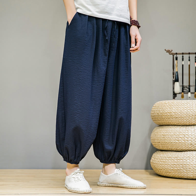 Nimara Ritual Summer Plain Drawstring Men's Ankle-Length Cotton Harem Pants With Pockets